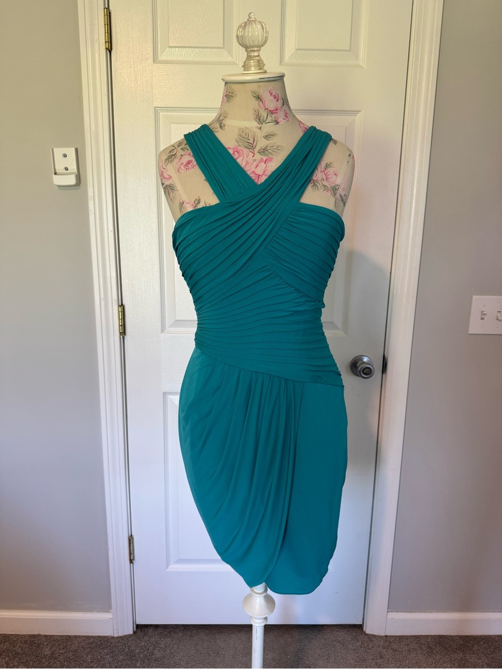 BCBGMaxAzria Teal One-Shoulder Draped Cocktail Dress